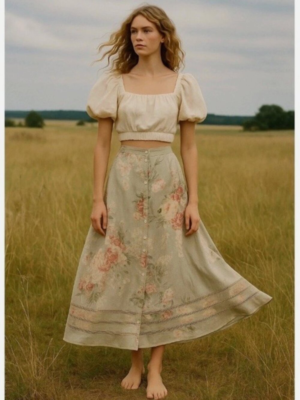 Ralph Lauren Skirt‎ Floral 100% Linen Midi Boho Cottagecore Cottagerose 4 Small